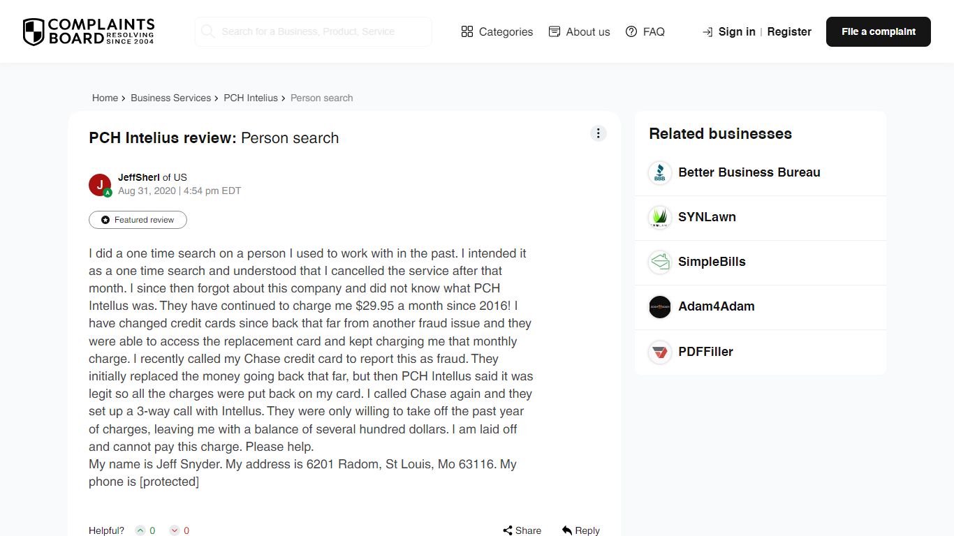 PCH Intelius Review: Person search - ComplaintsBoard.com